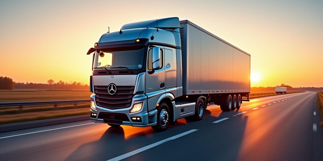 Modern logistics delivery truck on a highway at sunset